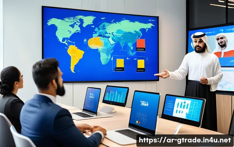 무역 실무 교육 프로그램 추천 - A professional training workshop scene set in a modern conference room with diverse Arabic-speaking ...
