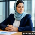 무역 전문가의 자기 계발 팁 - A professional Middle Eastern businesswoman in a modern office setting, engaged in active listening ...