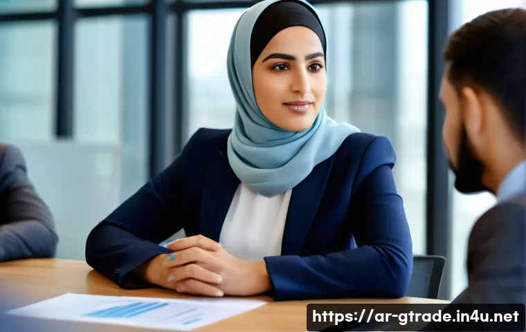 무역 전문가의 자기 계발 팁 - A professional Middle Eastern businesswoman in a modern office setting, engaged in active listening ...