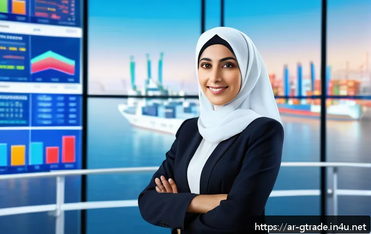무역 전문가가 알아야 할 자격증 리스트 - A professional Middle Eastern businesswoman wearing elegant business attire, confidently analyzing d...