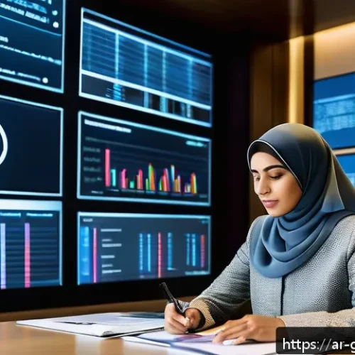무역 전문가의 중점 과목 및 학습 전략 - A professional Middle Eastern businesswoman in modern modest attire sitting at a sleek desk surround...