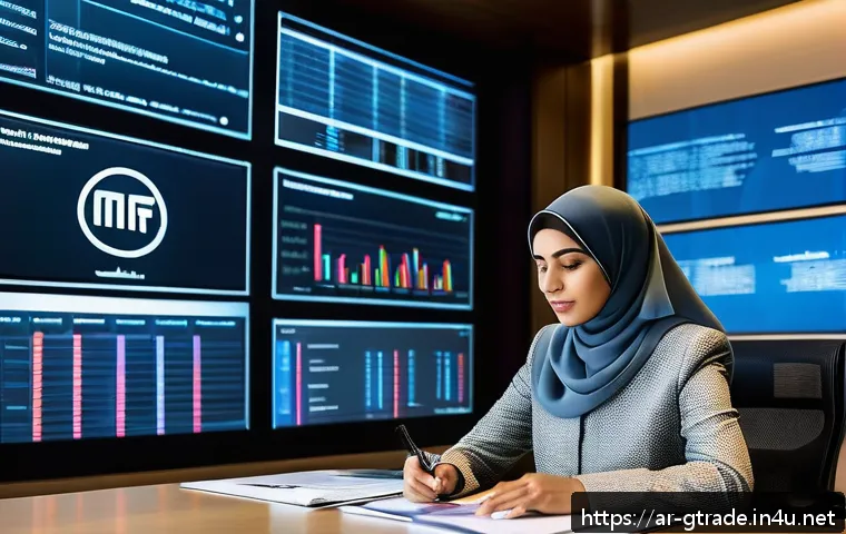 무역 전문가의 중점 과목 및 학습 전략 - A professional Middle Eastern businesswoman in modern modest attire sitting at a sleek desk surround...