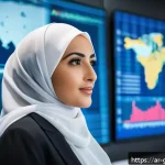 무역업계 이직 준비 체크리스트 - A professional Arab businesswoman in a modern office setting, surrounded by multiple digital screens...