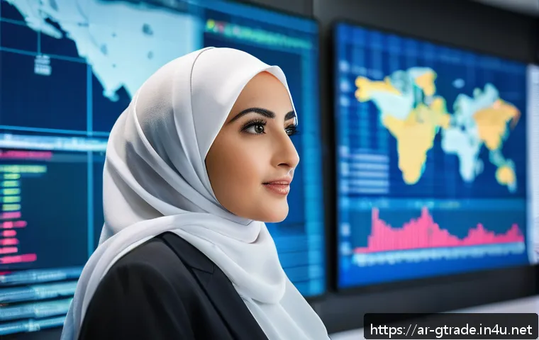 무역업계 이직 준비 체크리스트 - A professional Arab businesswoman in a modern office setting, surrounded by multiple digital screens...