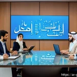 무역 전문가로서의 사회적 책임과 윤리 - A professional business meeting scene in a modern Middle Eastern office, featuring diverse Arab men ...