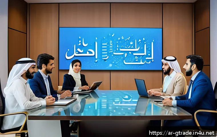 무역 전문가로서의 사회적 책임과 윤리 - A professional business meeting scene in a modern Middle Eastern office, featuring diverse Arab men ...