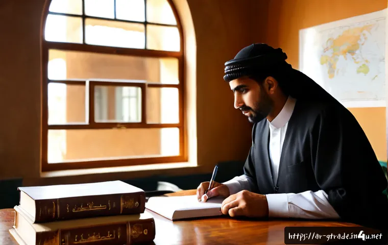 Home 17 무역 전문가가 읽어야 할 필독서 목록 - Photorealistic editorial scene of an Arab trade professional in modest business attire studying a cu...